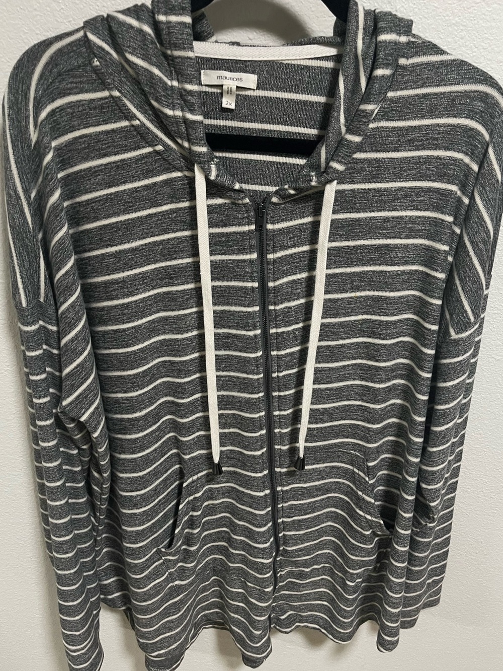 Maurices Gray and White Striped Hooded Zip Cardigan - Plus Size